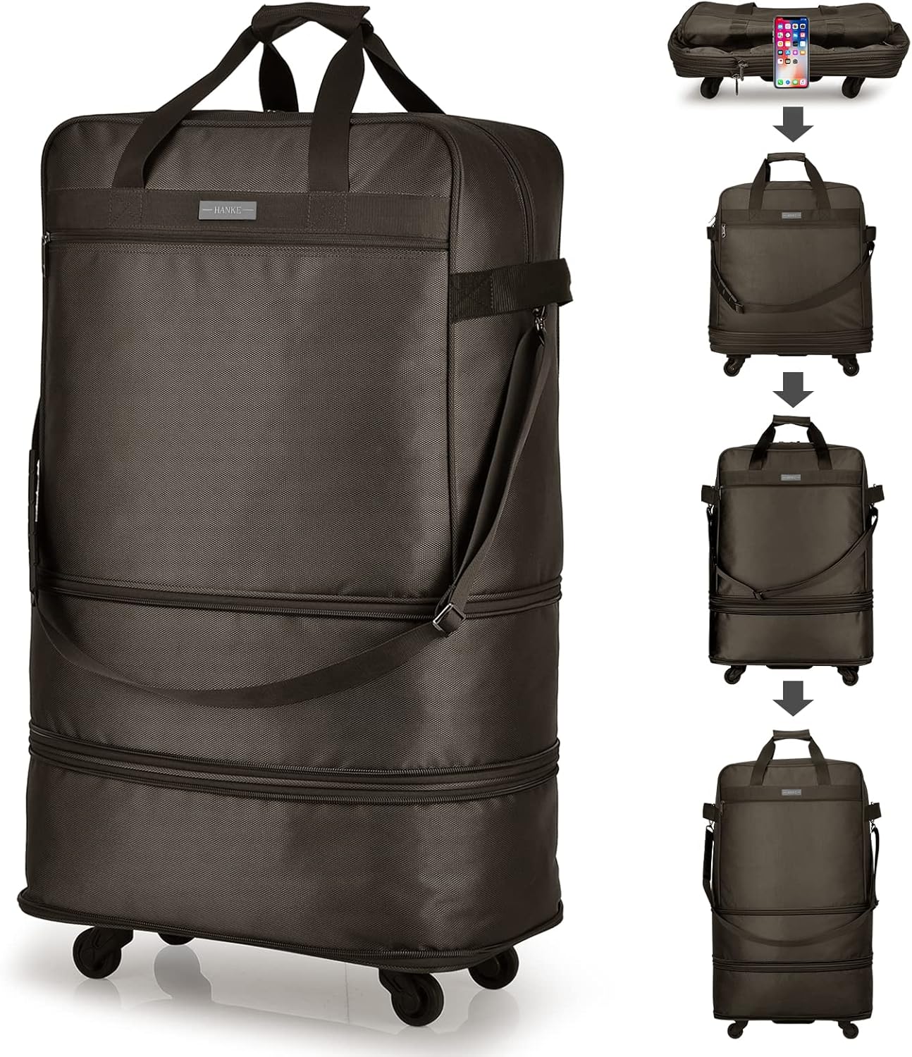 Hanke Suitcases with Wheels Expandable Foldable Luggage Bag Suitcase Collapsible Rolling Travel Bag Duffel Bag for Men Women Lightweight Suitcases without Telescoping Handle, Coffee