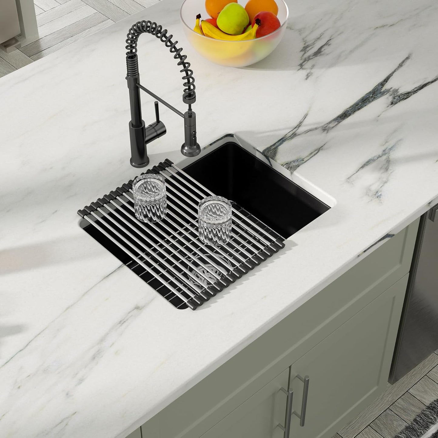 Dcolora 22 Inch Quartz Composite Bar Sink Black Undermount Small Granite Composite Kitchen Sink Prep RV Single Bowl Under Counter, Round Corner, 22"x17", DC-GU7747