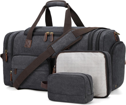 Mens Duffle Bag for Travel 60L Expandable Canvas Weekender Overnight Travel Duffel Bag with Shoe Compartment Carry-On for Airplanes Dark Gray