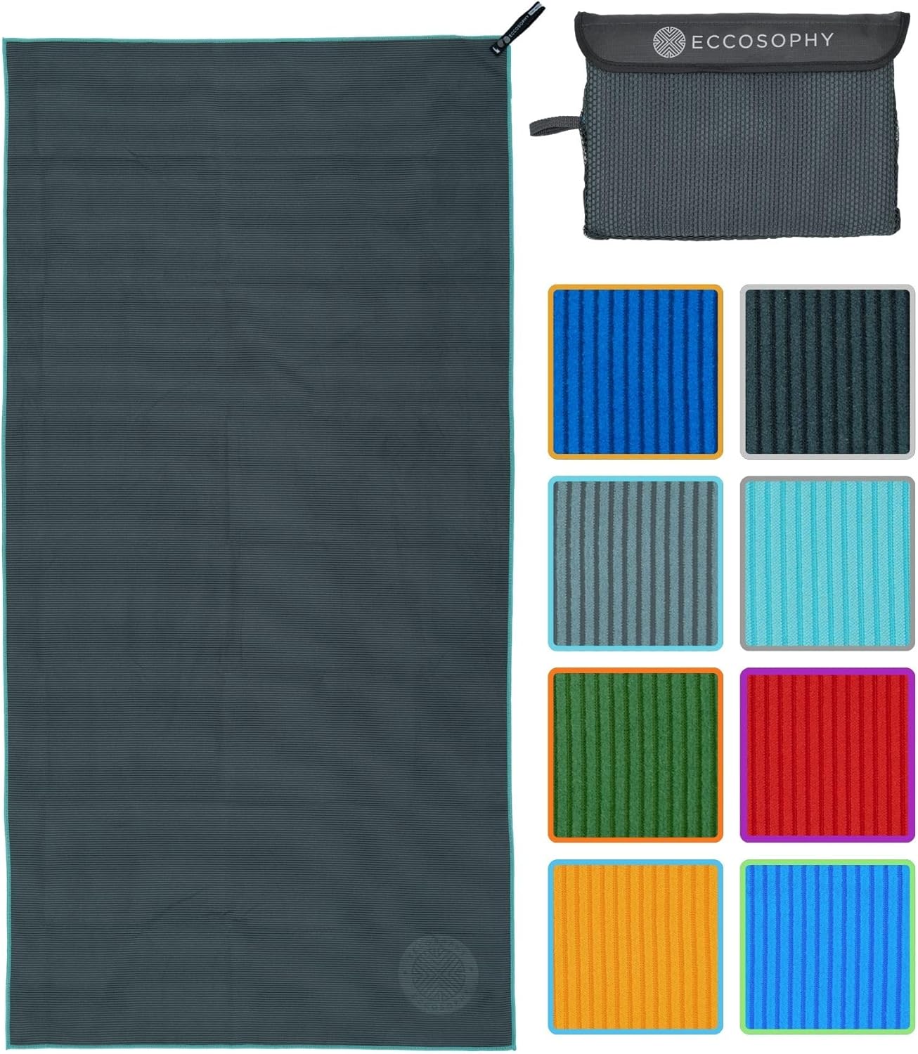 ECCOSOPHY Microfiber Beach Towel – Quick Dry Gym Towel, Highly Absorbent with Ribbed Texture, Lightweight – Ideal for Travel, Pool, Yoga, Fitness & Outdoor Adventures – 40x20 Charcoal