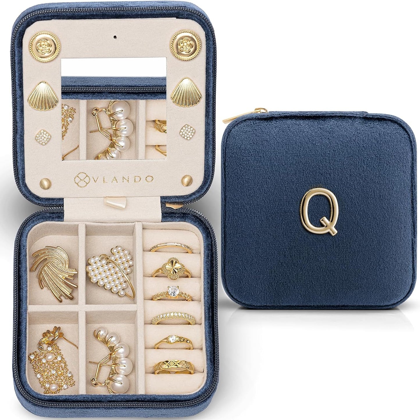 Vlando Travel Jewelry Organizer for Women, Travel Jewelry Organizer, Necklace Organizer Earrings Ring Organizer, Jewelry Travel, Travel Gifts for Women Travel Essentials - Letter Q, Periwinkle Blue