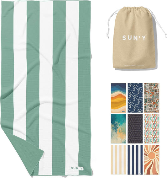 SUN'Y Waffle Microfiber Beach Towel – Sand Free, Quick Dry, Ultra Absorbent, Lightweight & Compact Travel Towel with Carry Bag - Large (63” x 31.5”), Sea Green