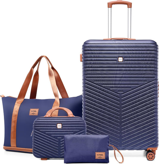 Hoteel 4 Piece Luggage Set (4-YEAR WARRANTY) Carry on ABS+PC Hard Shell Suitcase with Spinner Wheels & TSA Lock (Dark Blue)
