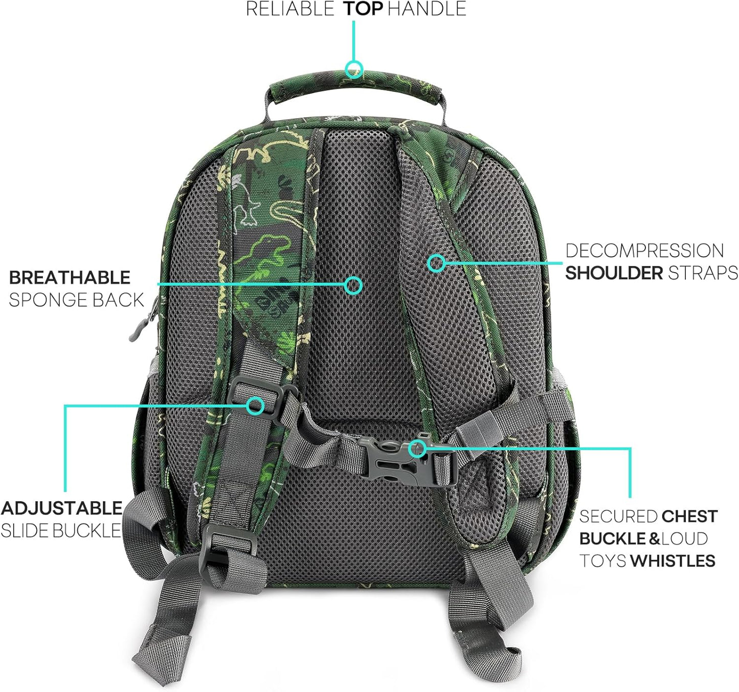 mibasies Toddler Backpack for Boys 2-4: Cute Kids Backpacks Boys - Preschool Kindergarten Backpack - Green Dinosaur