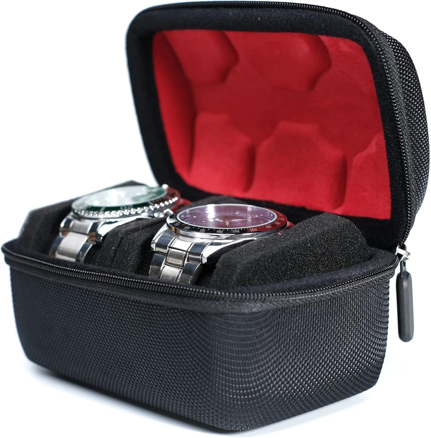 Hard Compact Watch Roll travel case, 2 Slots Portable holder and Organizer with Soft Pillow, keep watch from moving Deluxe red Lining (fit up to 55 mm)