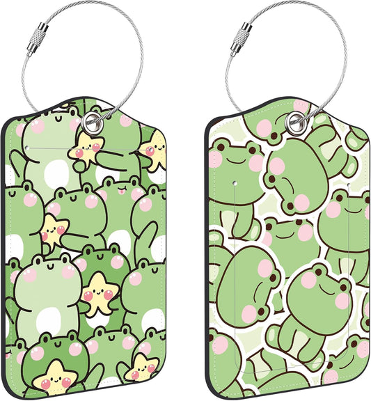 Cute Frog Luggage Tags for Suitcases Leather Travel Tags for Luggage ID Label with Privacy Cover and Stainless Steel Loop for Men Women Suitcase Backpack, Set of 2
