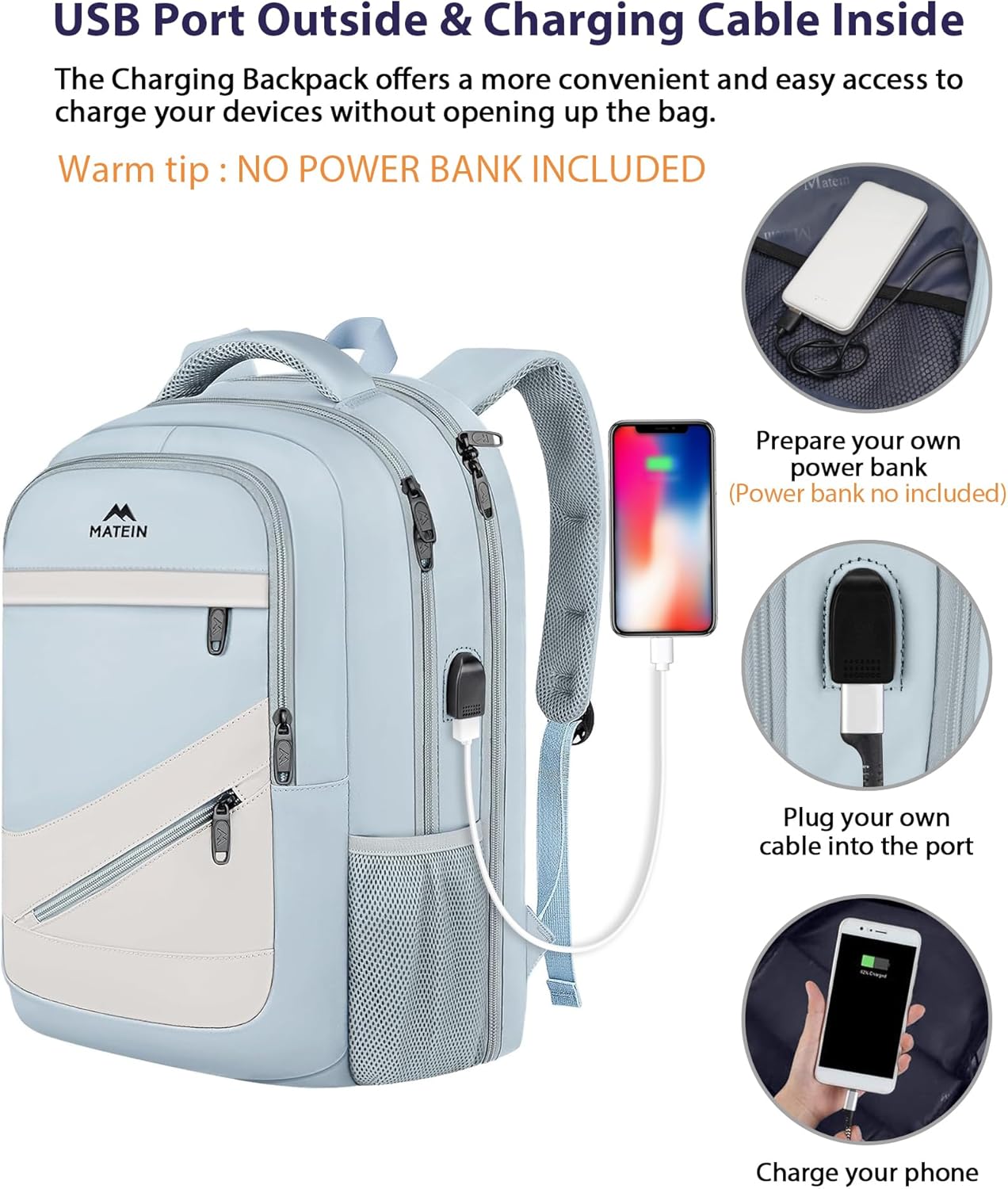 MATEIN 30 L Large Laptop Backpack, Stylish Lightweight Nursing Teacher Work Backpack with USB Charging Port, College Travel Comupter Bag Soft and Comfortable for Daily, Blue Beige