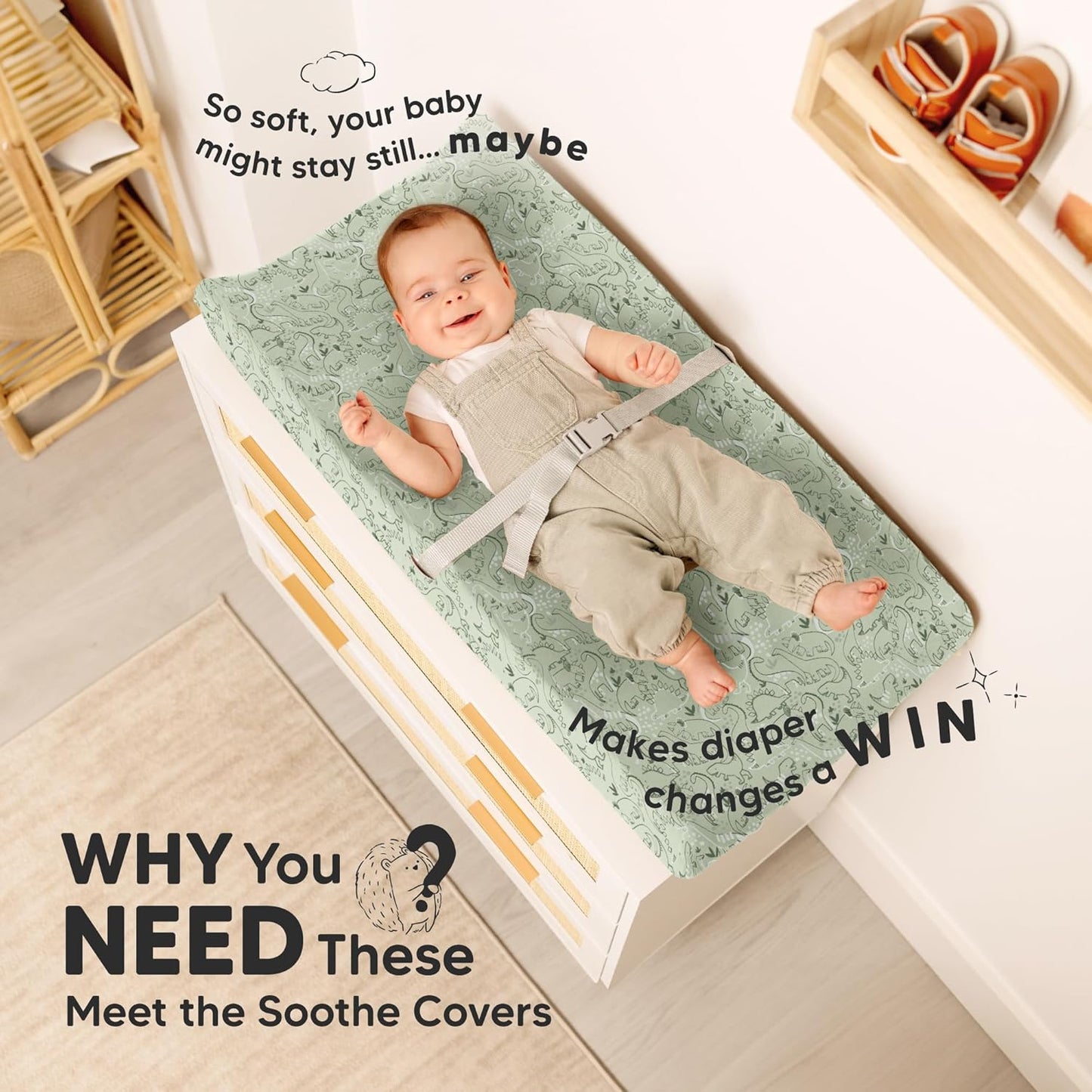 2-Pack Organic Changing Pad Covers for Girl, Boy, Neutral - 100% Cotton Changing Table Pad Cover, Soft Baby Nursery Diaper Changing Pad Sheets, Contour Changing Pads Liners,Change Pad Cover (DinoDood)