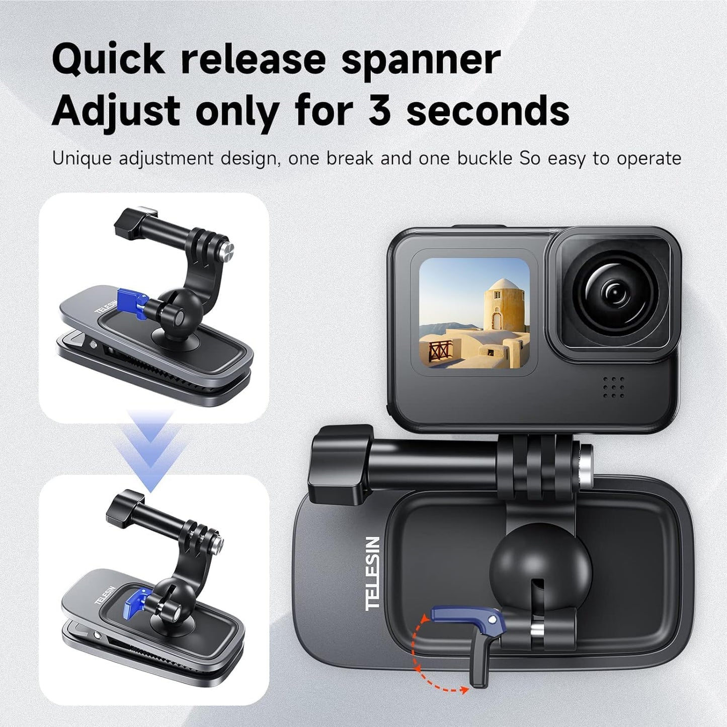 TELESIN Backpack Clip Mount 360 Swivel Ball Joint Shoulder Bag Belt Strap Mounts Accessories for GoPro 13 12 11 10 9 8 7 6 5 Insta 360 X3 Ace Pro DJI Action 3 4 Osmo Pocket 3 Bike Motorcycle Accessory