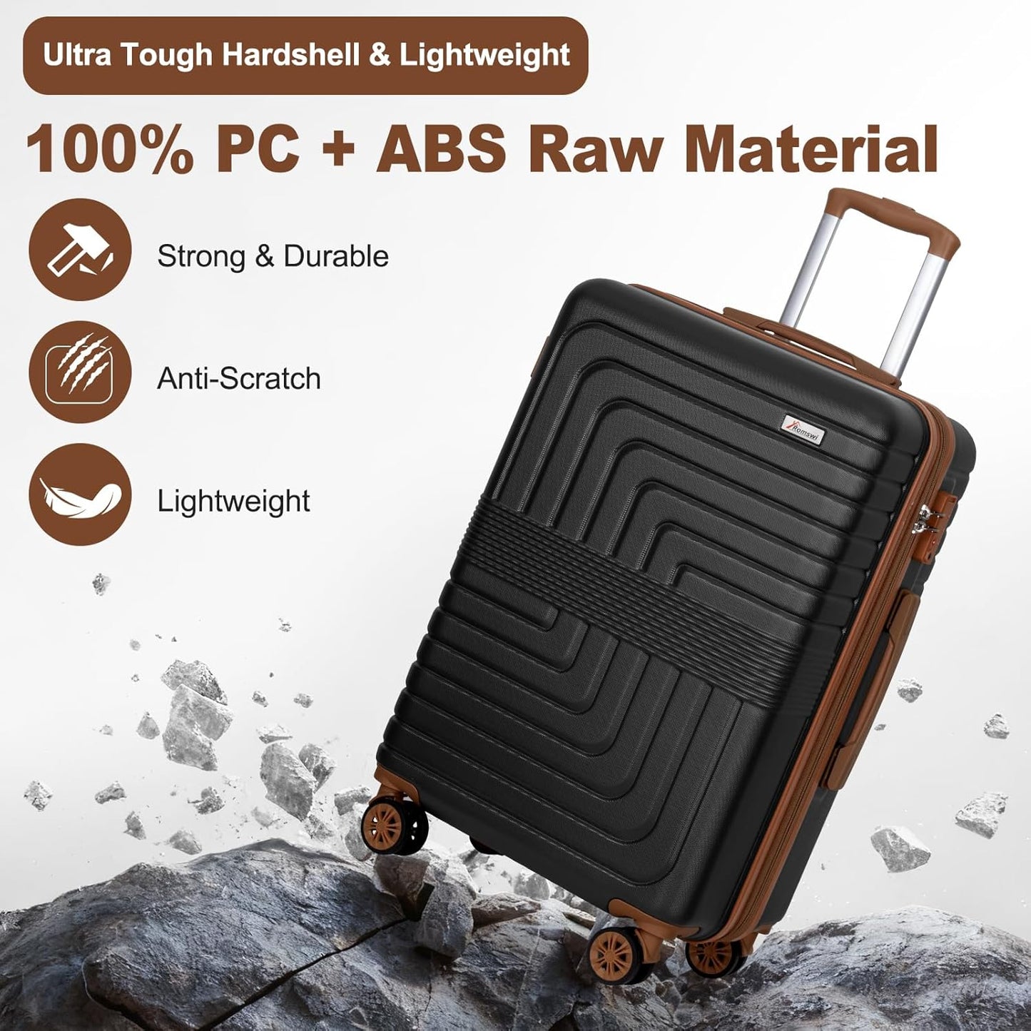 Romswi Luggage Sets 3 Piece Expandable PC+ABS Suitcases, Durable Hardshell Lightweight Suitcase Set with TSA Lock Dual Spinner Wheels, 21/24/28 Inch,Black