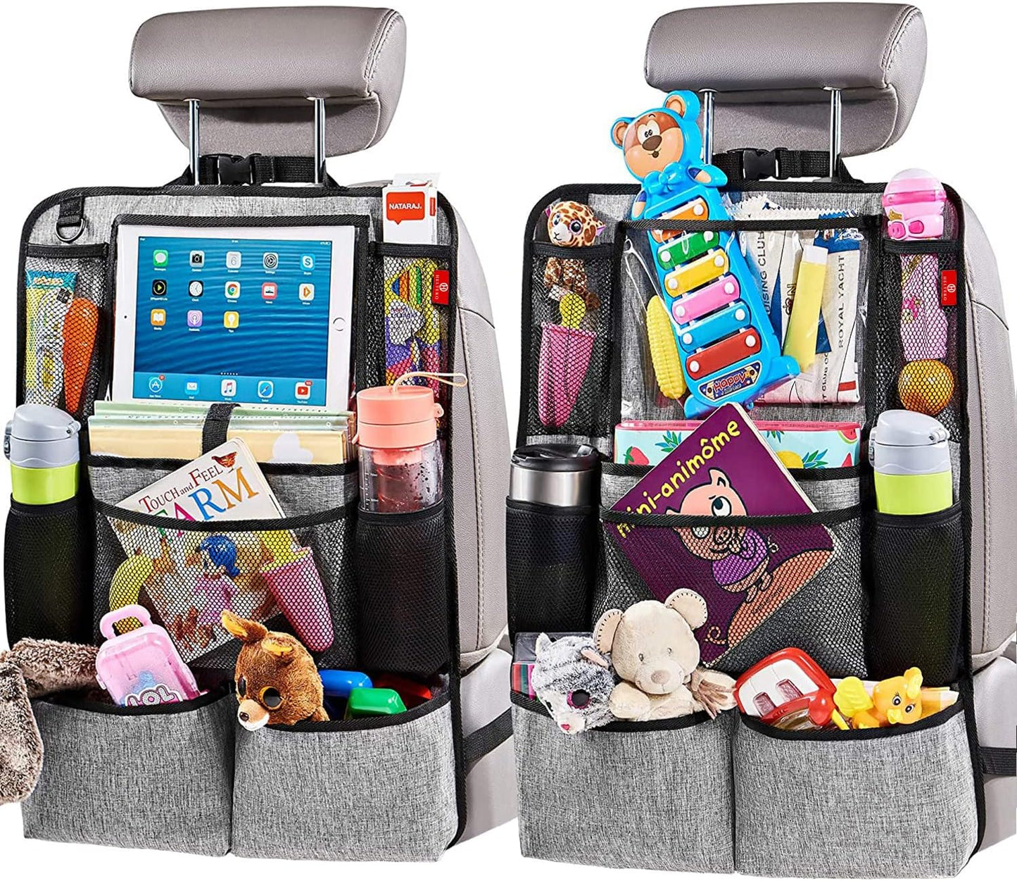 Helteko Backseat Car Organizer, Kick Mats Back Seat Protector with Touch Screen Tablet Holder, Organizer for Kids, Travel Accessories, Mat 9 Storage Pockets 2 Pack