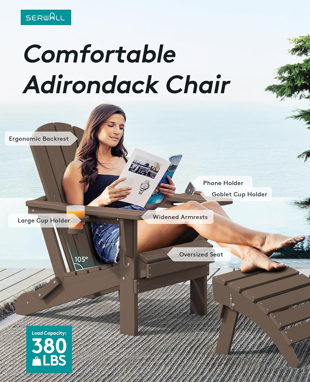 SERWALL Adirondack Chair with Cup Holders - Composite Adirondack Chairs Set of 6 HDPE Outdoor Chairs All Weather Use- Coffee