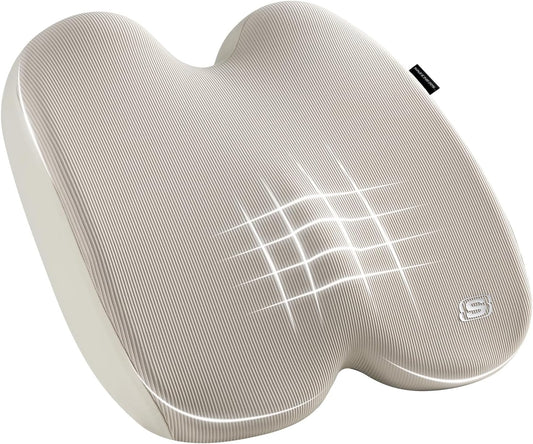 Skechers Memory Foam Seat Cushion,Ribbed Fabric Office Chair Cushion for Tailbone Pain Relief,Butt Pillow for Office Chair,Car Seat Cushion,Long Sitting Office Workers,and Car Drivers,Beige