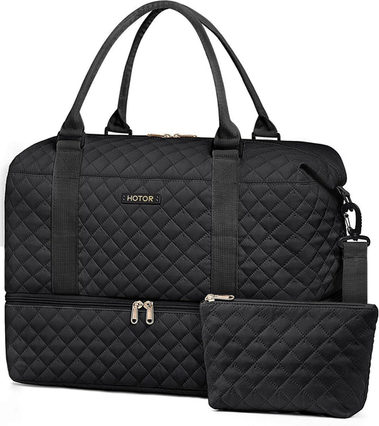 HOTOR Travel Duffel Bag - Weekender Bags for Women, Carry On Overnight Bag with Shoe Compartment, with Toiletry Bag for Travel Essentials and Travel Accessories, Black, 15.8"×18.1"×8.7"