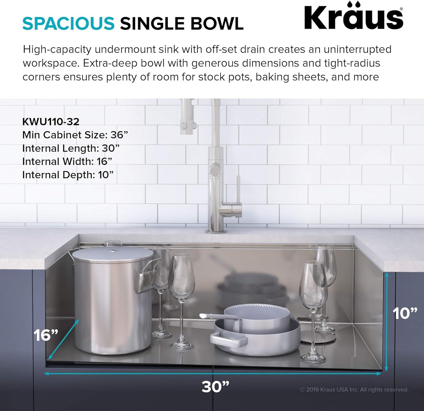 KRAUS Kore Workstation 32-inch Undermount 16 Gauge Stainless Kitchen Sink, Single Bowl Kitchen Sink with 3/4 HP Garbage Disposal, KWU110-32-100-75MB