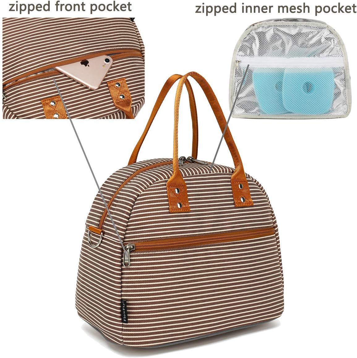 FlowFly Insulated Lunch Bag With Shoulder Strap for Women, Men, and Kids, Large and Reusable, Handle, Freezable Work and School Travel Tote and Meal Prep Organizer,Coffee