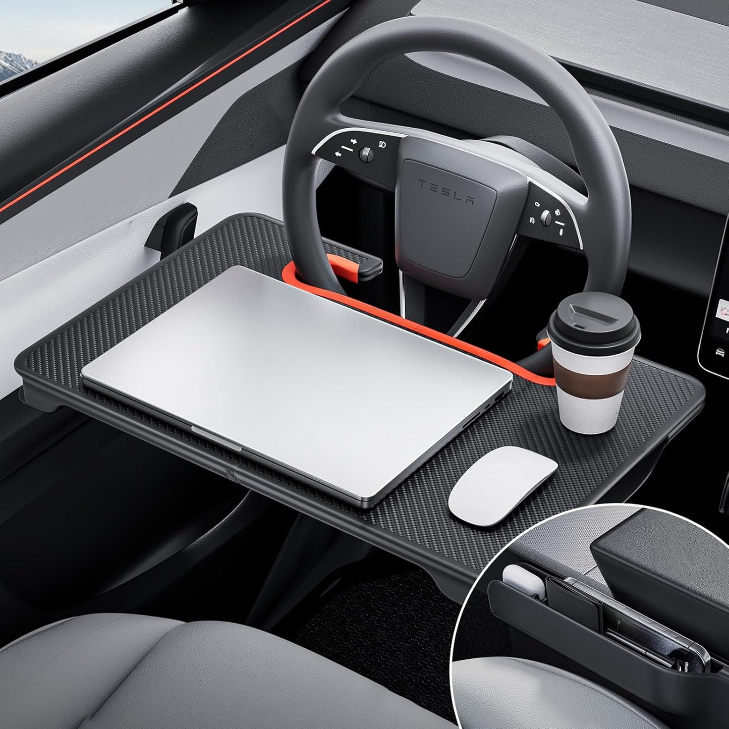 YONZEE 2-in-1 Car Steering Wheel Desk Tray & Car Seat Gap Filler Organizer – Foldable Carbon Fiber Look Table for Laptop, Eating, Writing – Universal Fit for Most Vehicles Orange