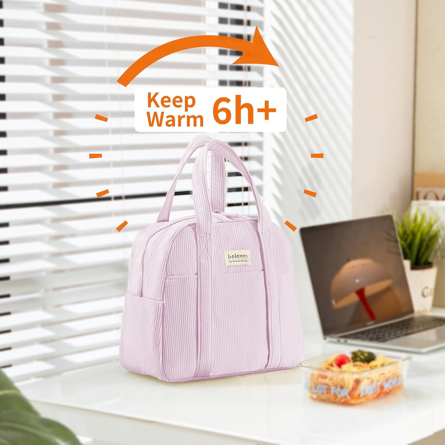Insulated Lunch Bag for Women, 6-Hour Cold Retention Cooler Tote with Sturdy Handle, 15-Can Spacious Capacity, Leakproof Corduroy Fabric & Aluminum Foil Lining (Purple)