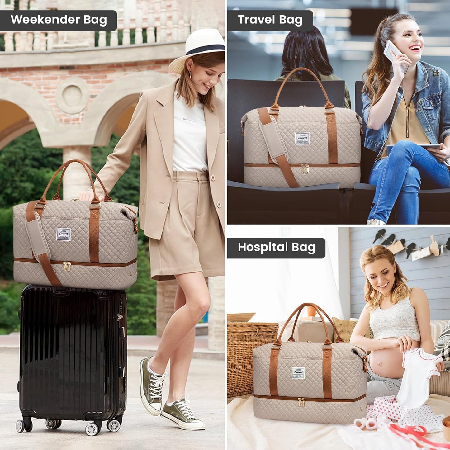 LOVEVOOK Travel Duffle Bag,Weekender Bags for Women with Shoe Compartment，Carry on Overnight Bag with Toiletry Bag,Gym Duffel Bag with Wet Pocket, Hospital Bags for Labor and Delivery