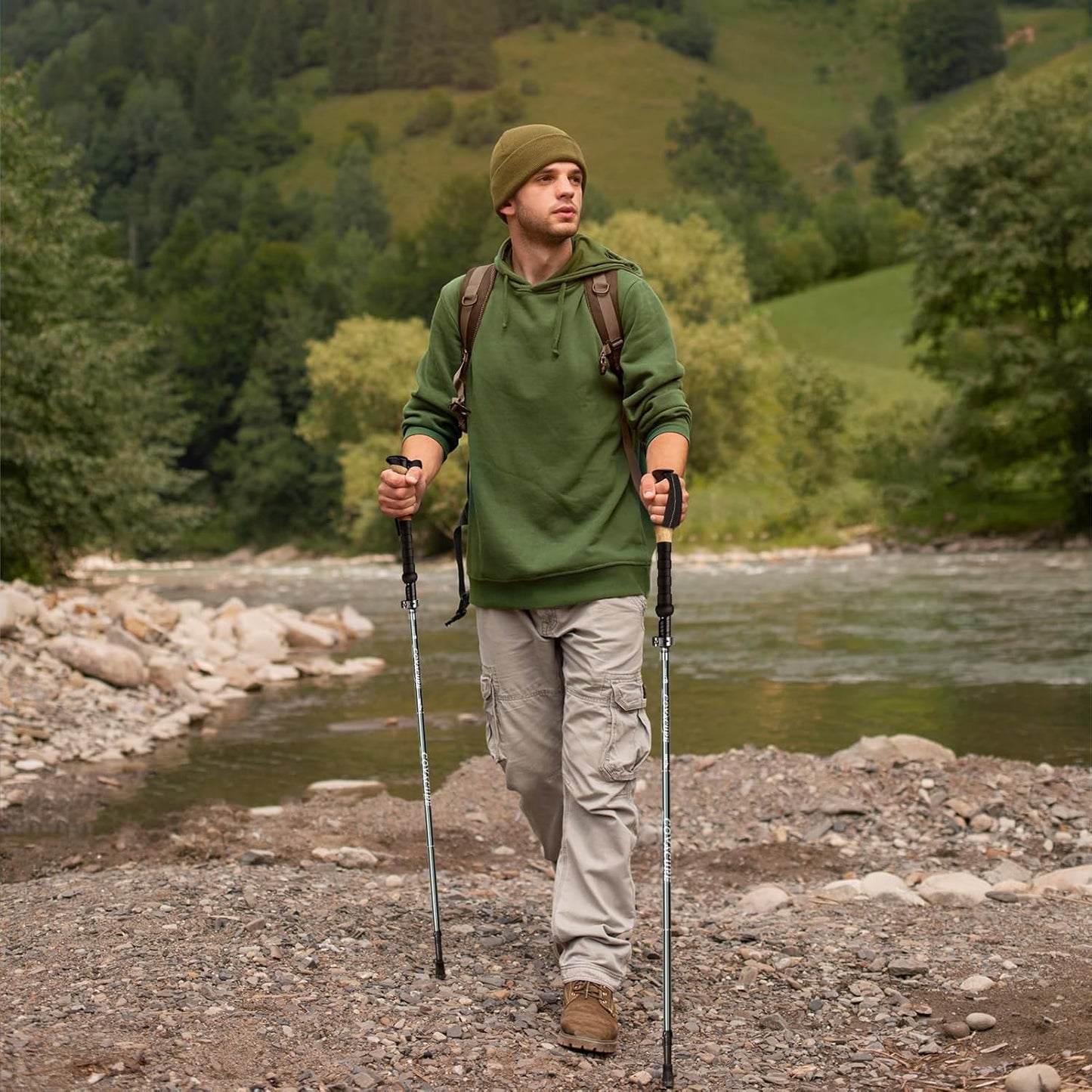 COVACURE Cork Handle Trekking Poles - Collapsible Hiking Sticks with Anti-Shock Tips, Lightweight & Foldable Walking Sticks for Snow Trails & Mountain Climbs, Durable Trekking Gear for Men and Women
