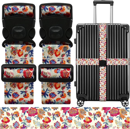Luggage Straps for Suitcases, Travel Adjustable Belt with Quick Release Buckle, Heavy Duty Nylon Bag Packing Strap, Unique Bright Identifiers Business Travel Accessories (2 Pack) - Rose Flowers