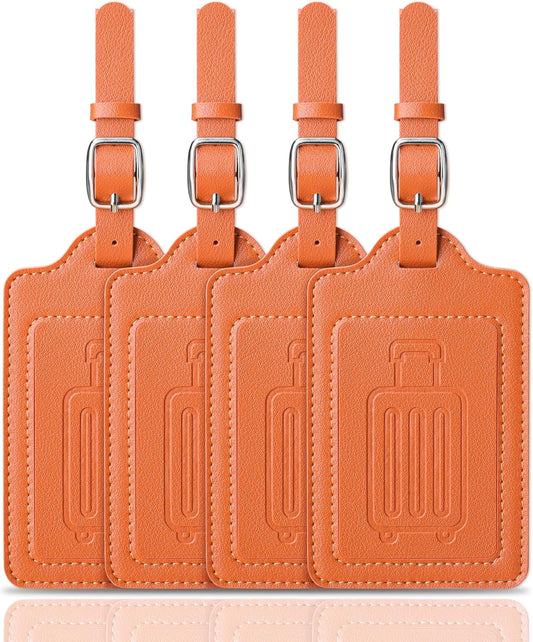 Teskyer Luggage Tags for Suitcases, TSA Approved with Privacy Protection Cover, Premium Faux Leather Bag Tags for Travel - 4 Pack, Orange