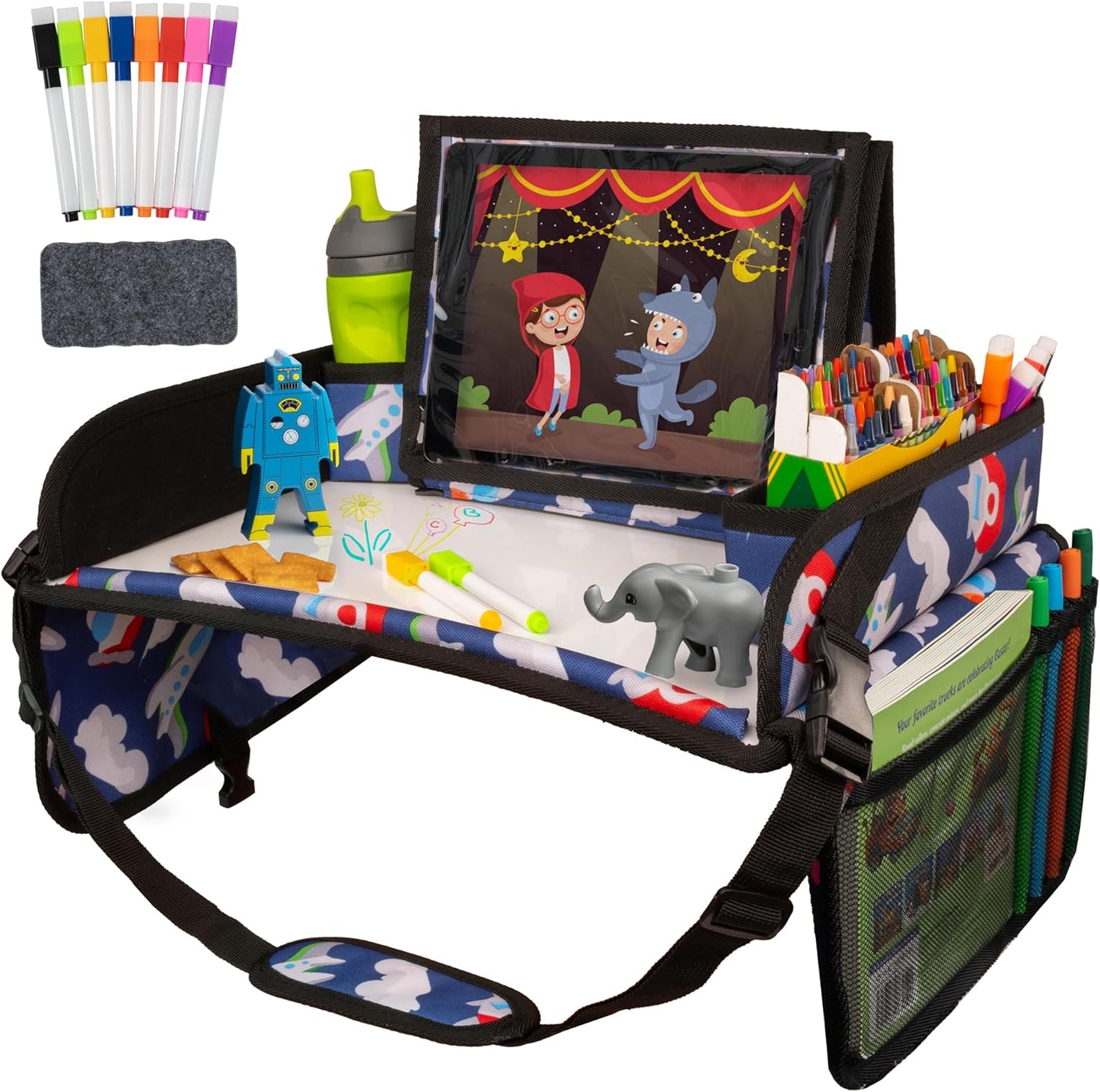 Lusso Gear Kids Travel Tray for Car - Road Trip Essentials for Kids - Car Seat Tray for Toddlers & Kids - Lap Tray for Airplane, Kids Travel Desk, Road Trip Activities (Airplanes)