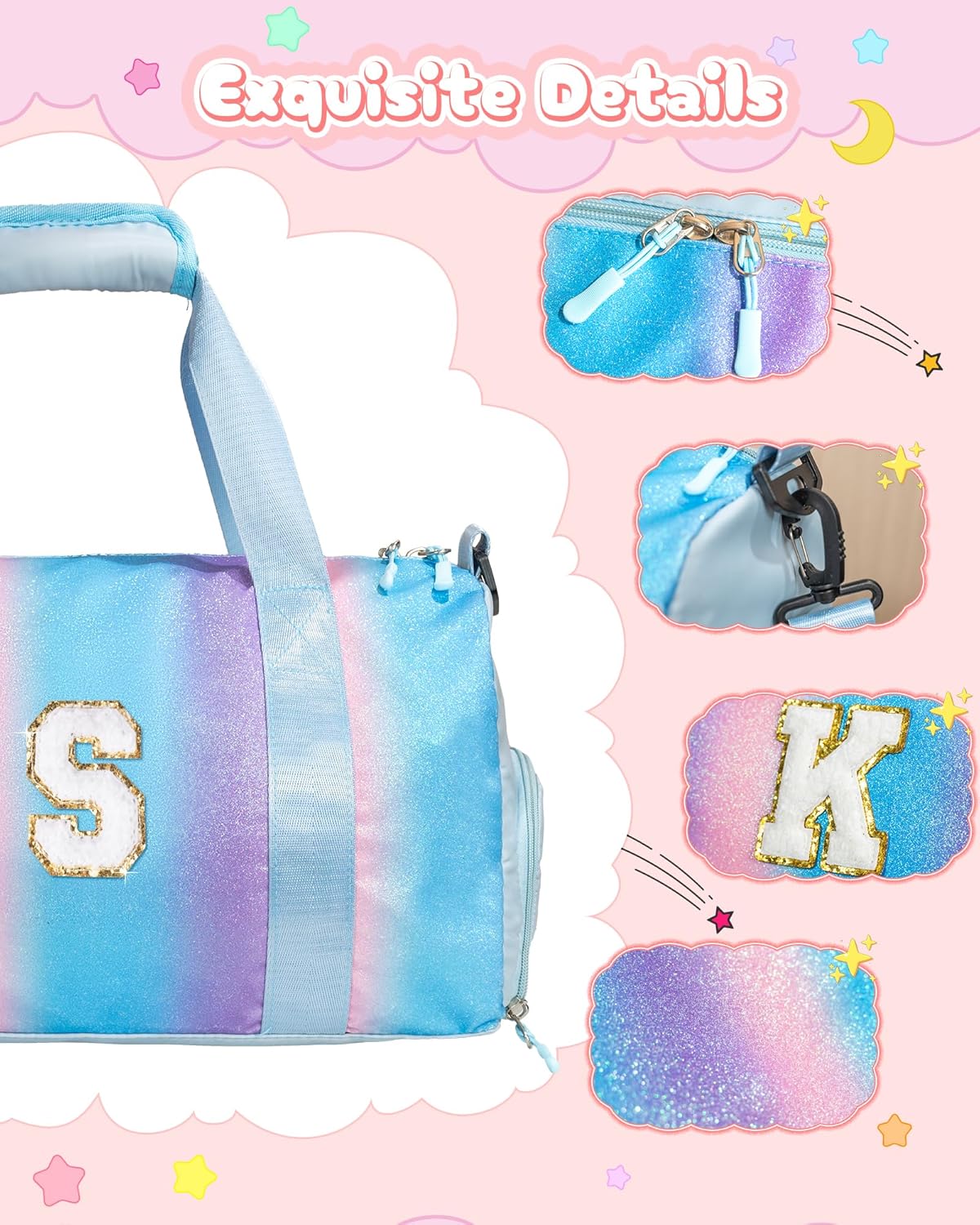 Easter Gifts for Teens Girls-Girl Gym Bag with Shoe Compartment, Kid Personalized Weekender Overnight Bags, Initial Travel Tote with Makeup Pouch, Gift for 3 4 5 6 7 Year Old Kids (Letter T)