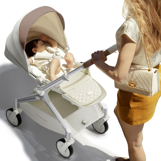 Hot Mom Baby Lightweight Stroller, Intelligent Seat Reversing，Double Brake and PU Anti-Shock Tire Combine Baby Pushchair, Newborn to Toddler's Baby Stroller, Brown