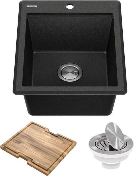 KRAUS Bellucci 18-inch Granite Workstation Drop In Top Mount Single Bowl Kitchen Sink in Metallic Black with Accessories, KGTW12-18MBL