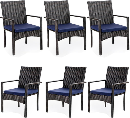 PHI VILLA Outdoor Rattan Dining Chairs Set of 6, Modern Wicker Armchair with Cushions for Patio, Deck, Yard, Porch - Brown