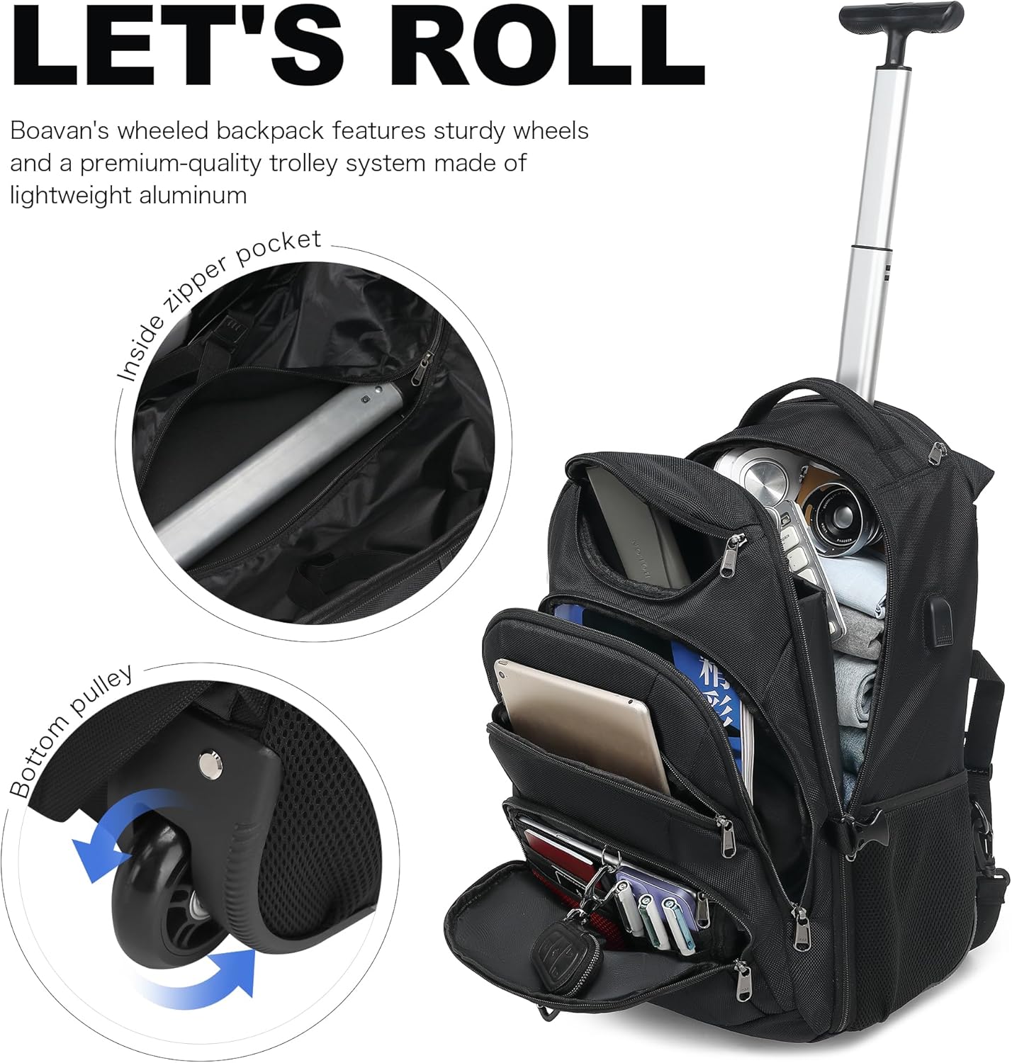Boavan Rolling Backpack,17 inch Water Resistant Wheeled Backpack,Carry on Luggage Business Bag, Overnight College Computer Trolley Suitcase for Men Women Adults to Travel，Black