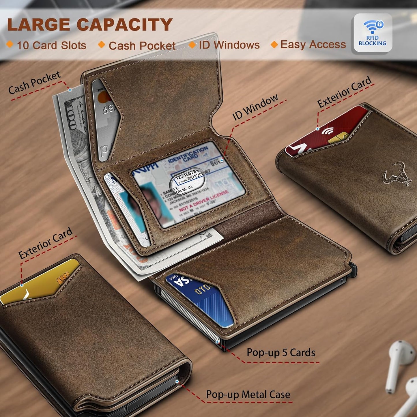 BULLIANT Men Wallet Leather Wallet Card Holders Money Clip for Men 10Cards-Magnetic Flip on Metal Case