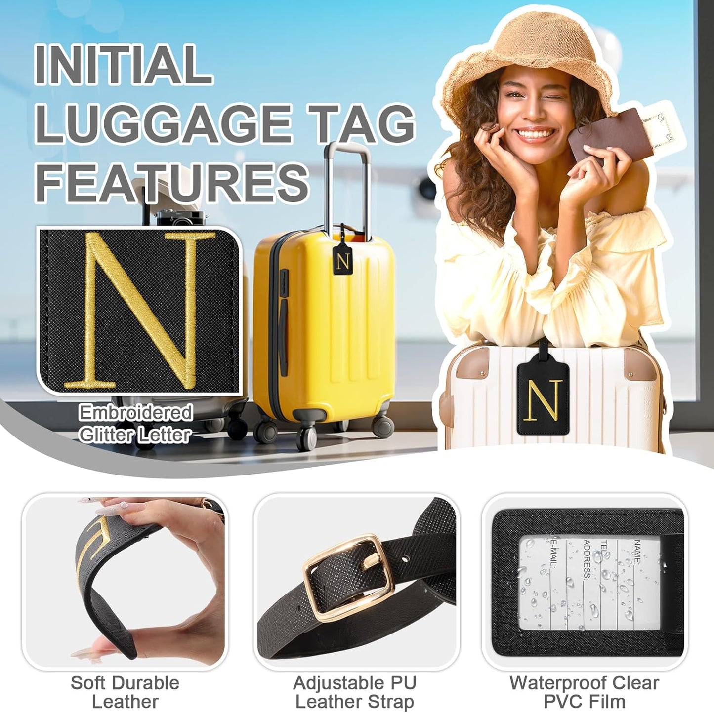 Personalized Initial Luggage Tags for Suitcase TSA Approved, Black Leather Cute Luggage Tag with Privacy Cover Name Card, Embroidered Custom Luggage Tags Travel Backpack Tags Gifts for Women Kids(N)