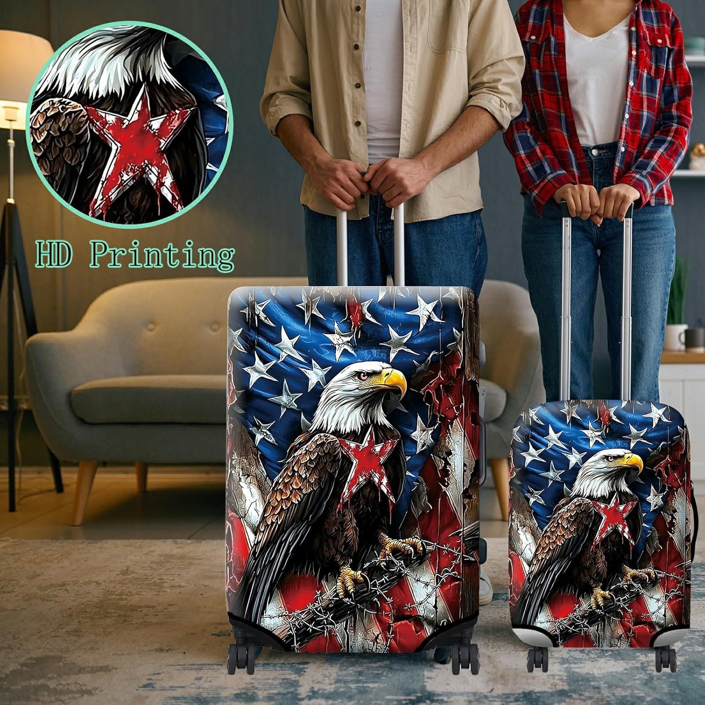 Luggage Cover + Tag, Eagle American Flag Travel Suitcase Protector for 29-30 inch Luggage (XL) with Concealed Zipper, Washable Elastic Cloth, Dustproof, Anti-Scratch