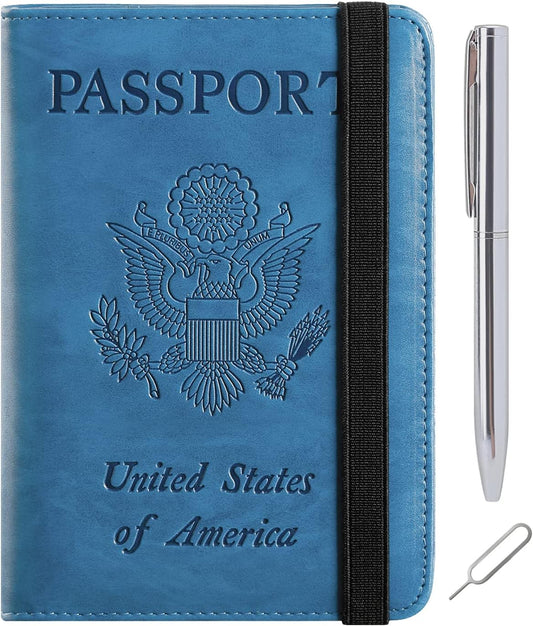 Passport Holder Cover Wallet Travel Essentials RFID Blocking Leather Card Case International Must Haves Travel Accessories for Women Men(113#Blue)