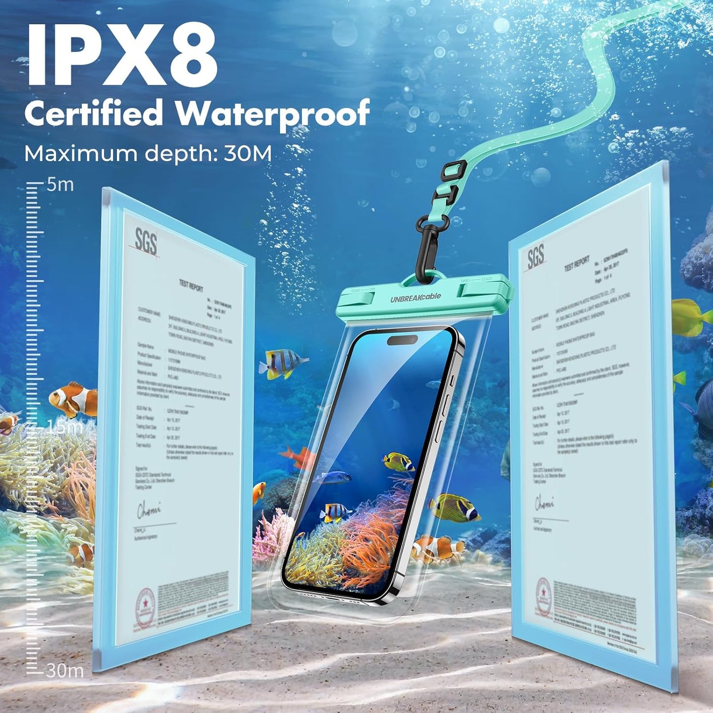 UNBREAKcable Waterproof Phone Pouch-2 Pack IPX8 Waterproof Phone Case for iPhone 16 15 14 13 12 11 Pro Max & Samsung S25 S24-Dry Bag & Travel Essentials for Beach, Pool, Kayak & Cruise-7" Blue+Green