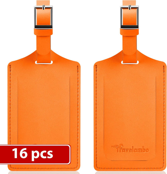Travelambo Luggage Tags for Suitcases Faux Leather Privacy Protection 16 Pack Bag Tags Travel Accessories Essential, Hot Orange