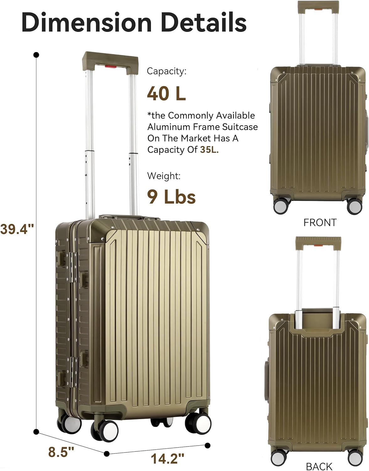 Mvst Luggage Premium All Aluminum Magnesium Carry On 20'' Lightweight Metal,Suitcase with Spinner Wheels Built-in Toiletry Set, Luggage Protector（silvery） (Brown, 20inch)