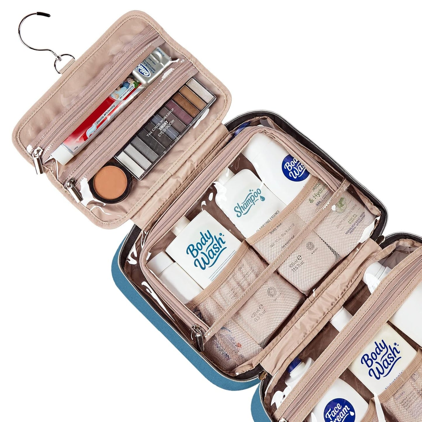 NISHEL Travel Toiletry Bag for women, Portable Hanging Organizer for Full-Sized Shampoo, Conditioner, Brushes Set, Makeup Accessories, Large Size, Lake-Blue