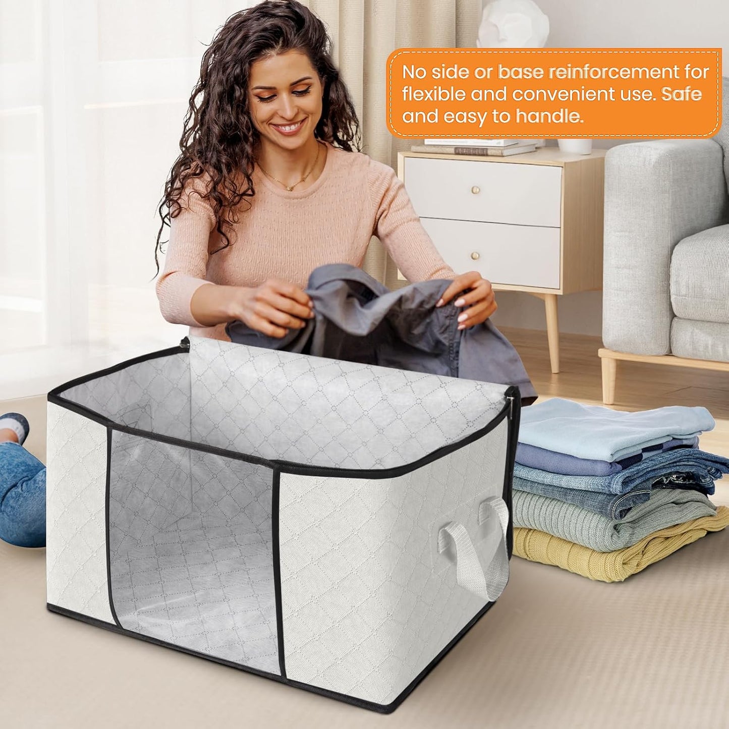 Fab totes 6 Pack Clothes Storage, Foldable Thick Fabric Blanket Storage Bags, Containers for Organizing Bedroom, Closet, Clothing, Comforter, Organization with Handle,Ivory White