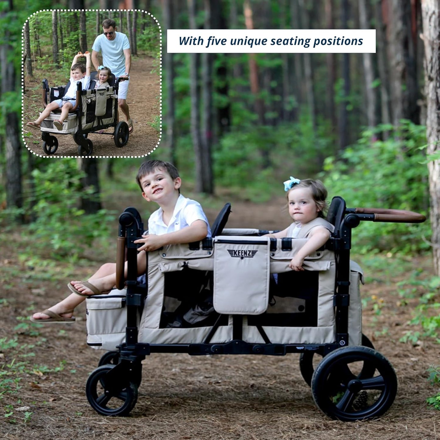 Keenz VYOO Stroller Wagon with Canopy - Foldable Design for Easy Storage, 5 Seating Positions for Kids, Enhanced Child Safety, All-Terrain Mobility, 2-Passengers, Mocha