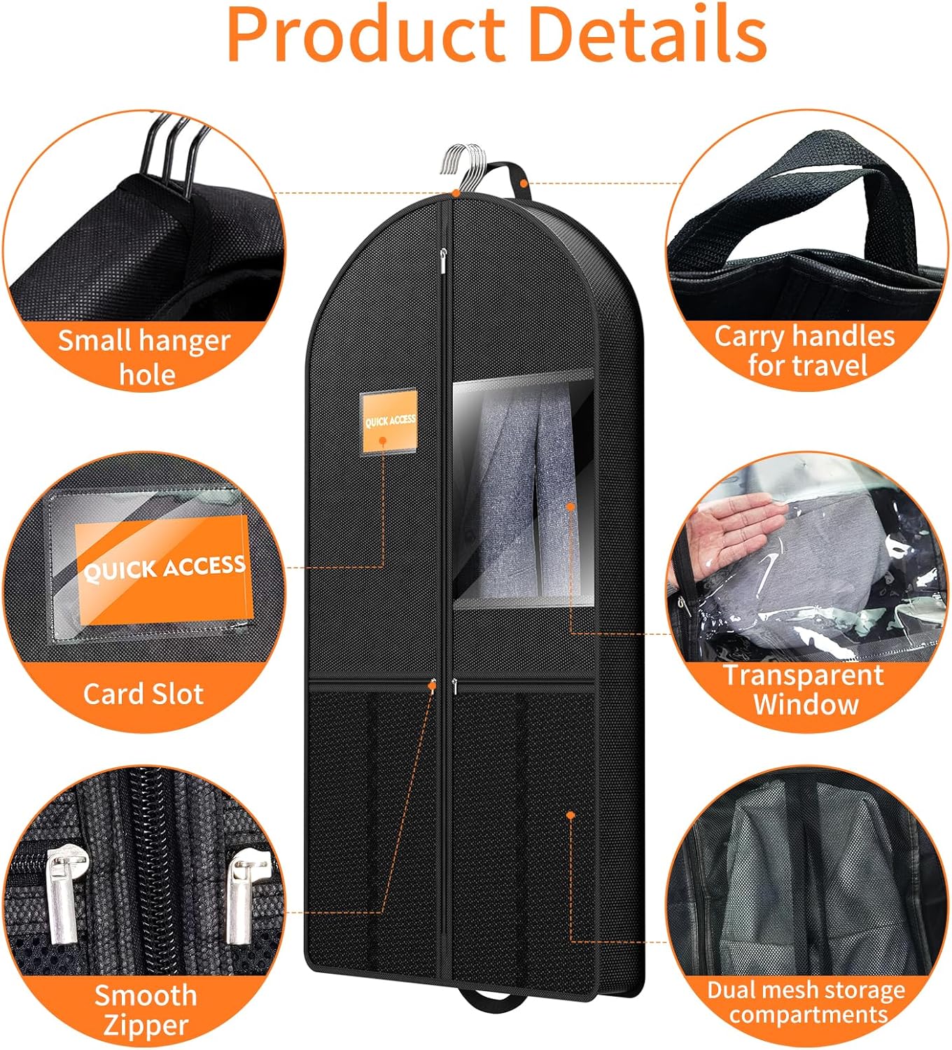 Garment Bag Travel Hanging Clothes: 43 Inch 2 Packs Fabric Breathable Foldable Zippered Pockets - Closet Storage Cover Packable - Men's Suit Shirts Uniform Jacket Jersey Tuxedo