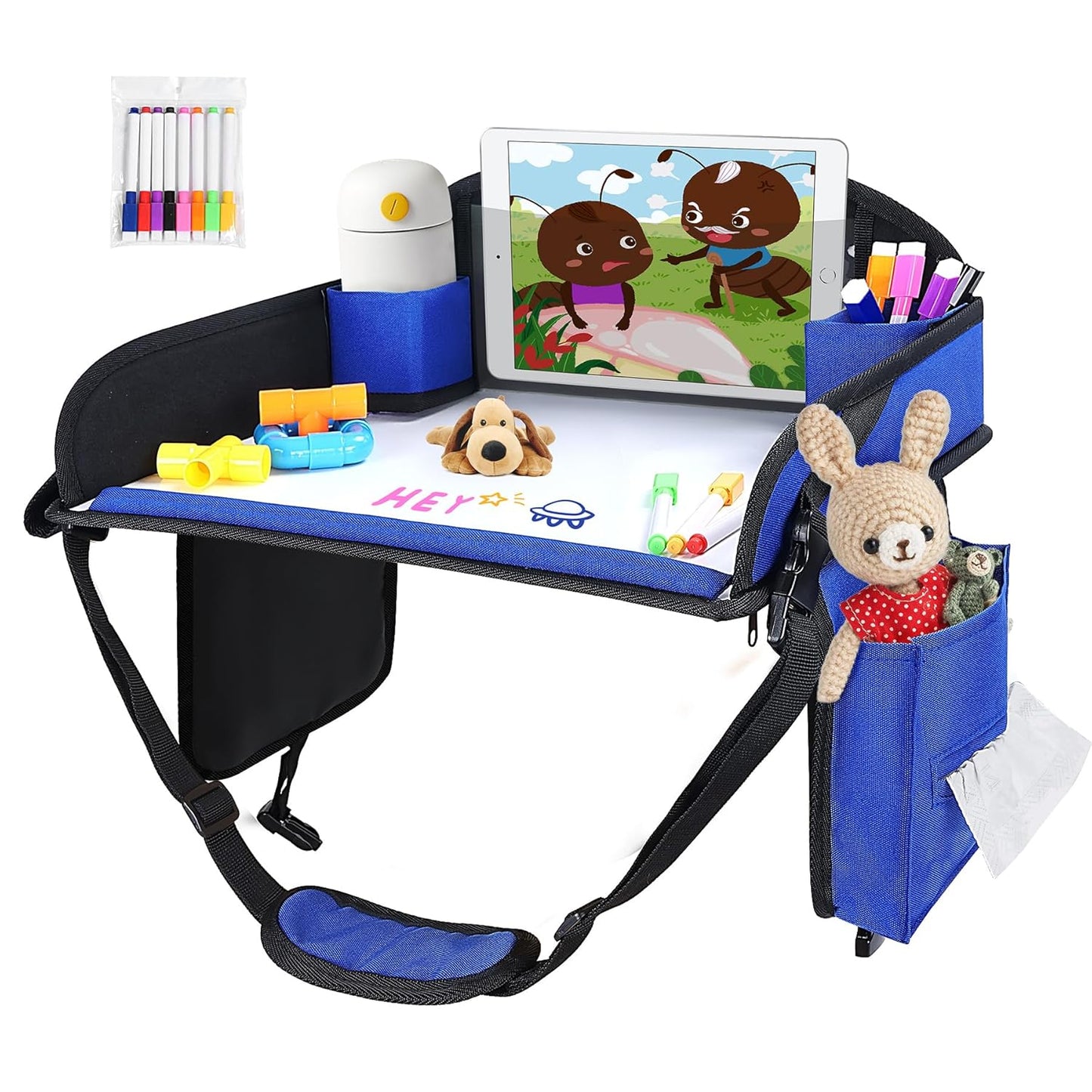 Kids Travel Tray, Kids Travel Trays for Car Seat, Road Trip Essentials for Toddler, Carseat Lap Tray with Dry Erase Board & Storage Organizer for Road Trip Activities for Kid, Blue