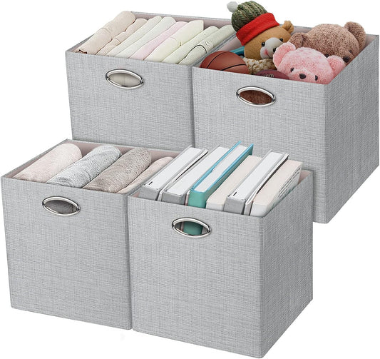 Posprica Storage Cubes, 12×12 Collapsible Storage Basket Bins,Heavy Duty Fabric Containers, 4pcs, Sliver Grey