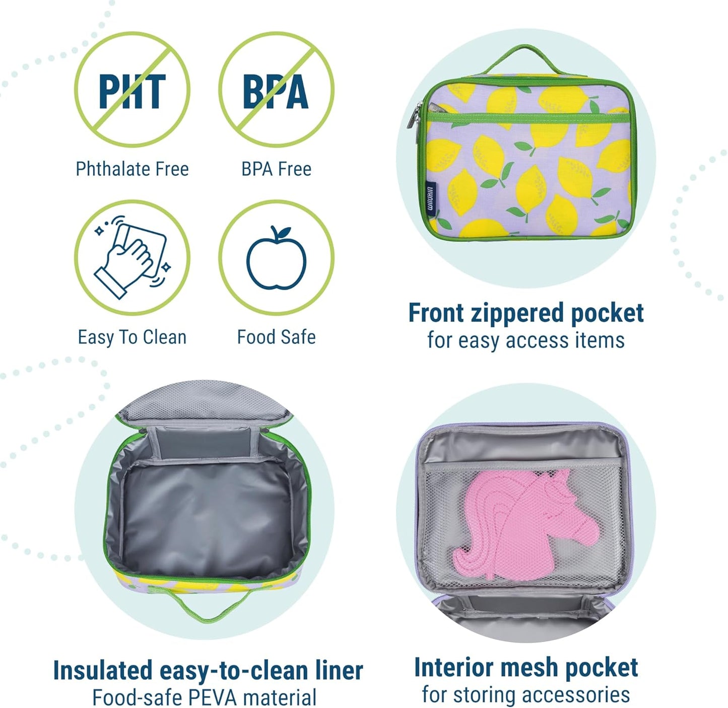 Wildkin Kids Insulated Lunch Box – Durable and Reusable for School & Travel - Lilac Lemonade