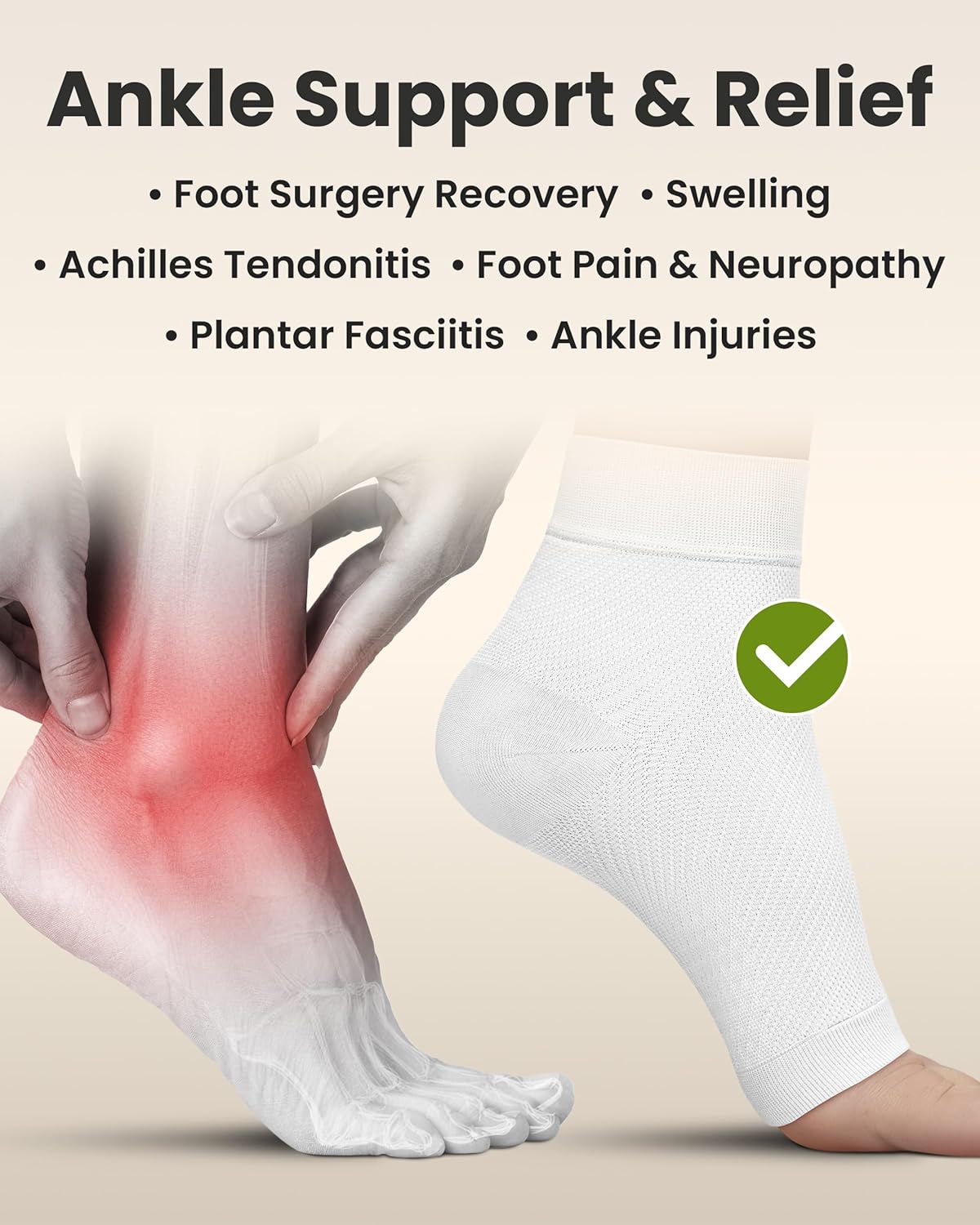 KEMFORD Ankle Compression Sleeve - Plantar Fasciitis Braces - Open Toe Compression Socks for Swelling, Sprain, Neuropathy, Foot Arch Support for Men and Women - 20-30mmhg, M, White