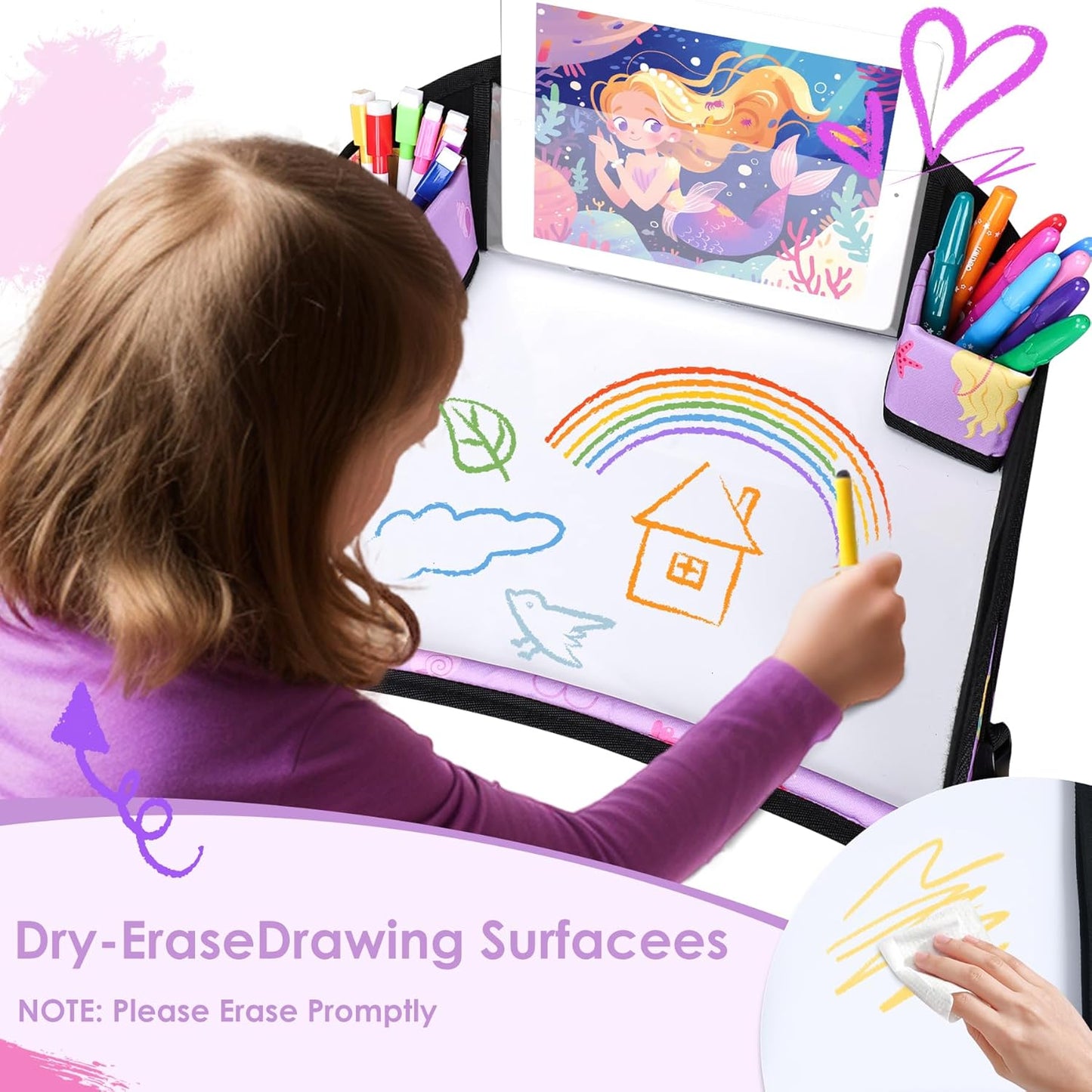 Kids Travel Tray for Airplane - Toddler Car Seat Table Tray, Road Trip Essentials for Boys & Girls, Carseat Lap Desk for Kids Road Trip Activities (Purple Mermaid)