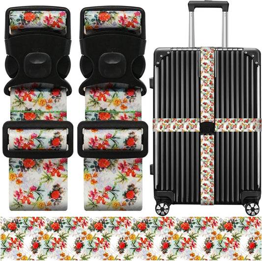 Luggage Straps for Suitcases, Travel Adjustable Belt with Quick Release Buckle, Heavy Duty Nylon Bag Packing Strap, Unique Bright Identifiers Business Travel Accessories (2 Pack) - Red Yellow Flowers