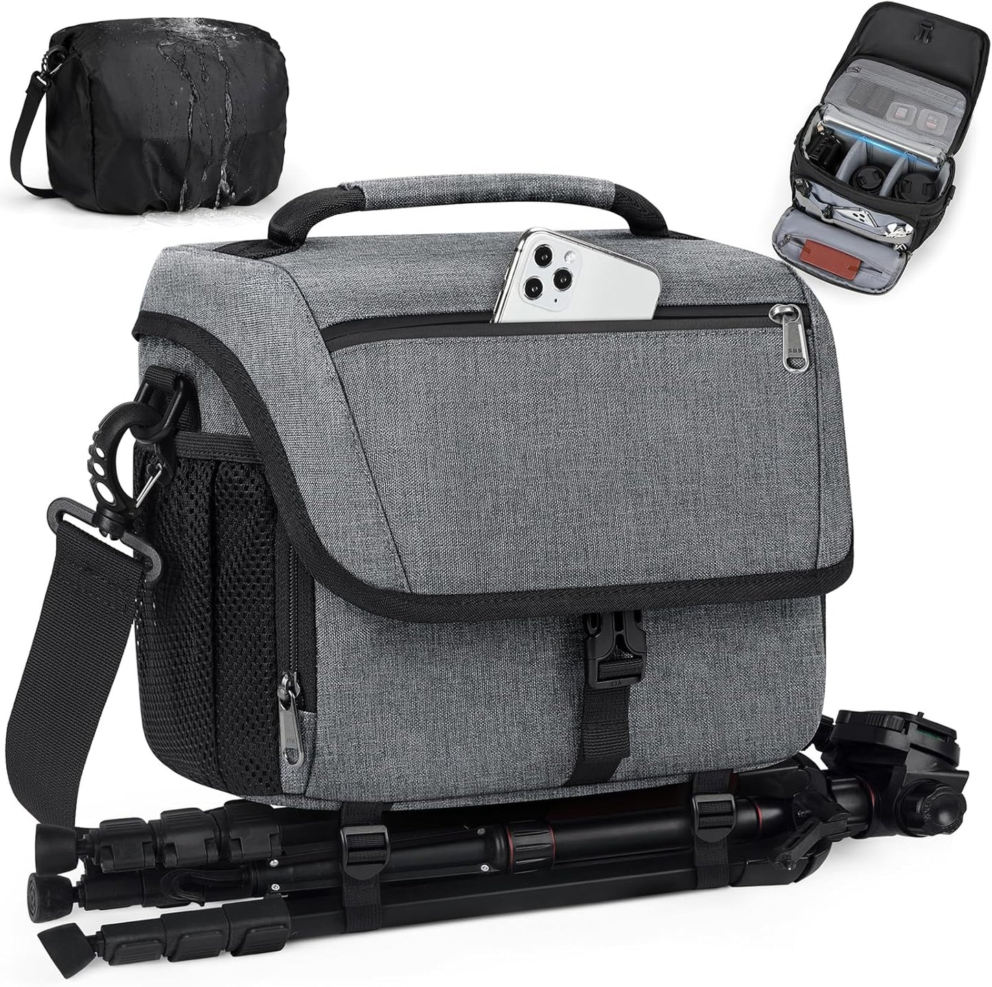 RAINSMORE Camera Bag, DSLR/SLR/Mirrorless Camera Case with Tripod Holder Waterproof Camera Sling Bag Crossbody Camera Bags for Photographers with Rain Cover for Canon/Nikon/Sony/Fuji, Grey